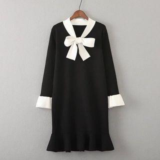 Flare Cuff Tie Neck Knit Dress