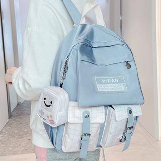 Plaid Panel Buckled Backpack Aqua Blue - S