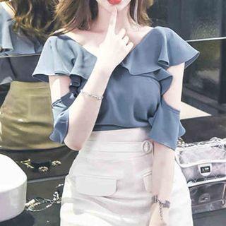 Ruffle Trim Cutout Blouse / Mini A-line Skirt
