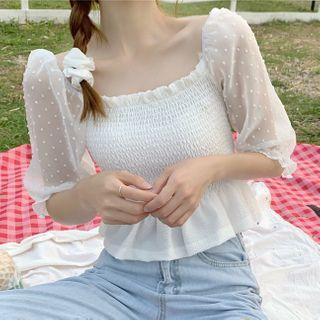 Dotted Mesh Panel Puff-sleeve Cropped Blouse