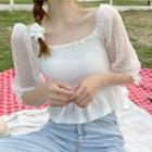 Dotted Mesh Panel Puff-sleeve Cropped Blouse