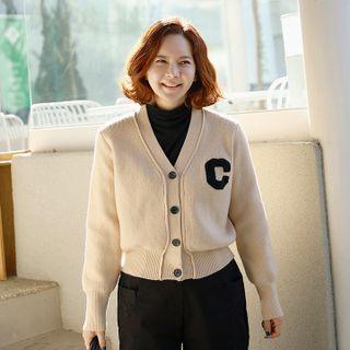 V-neck Letter Appliqu  Cardigan