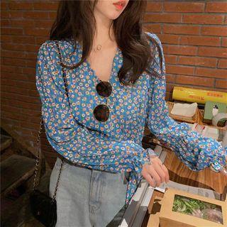 Long-sleeve Floral Print V-neck Blouse