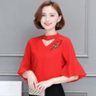 Embroidered Cutout Short-sleeve Chiffon Top