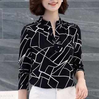 Printed Split Neck Long Sleeve Chiffon Blouse