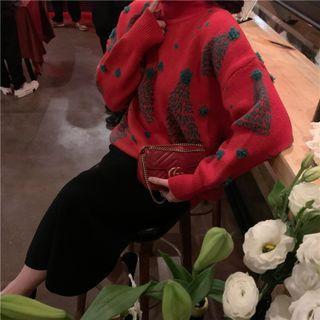 Turtleneck Christmas Tree Print Sweater / Midi Pencil Skirt