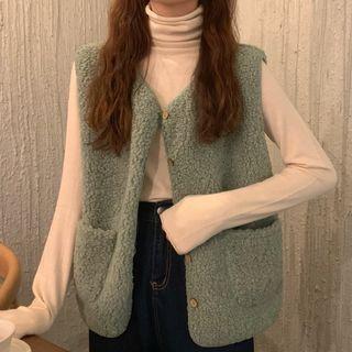 Faux Shearling Button-up Vest / Long-sleeve Turtleneck Top