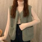 Faux Shearling Button-up Vest / Long-sleeve Turtleneck Top