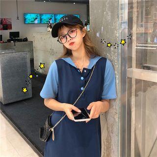 Color-block Short-sleeve Hooded Dress