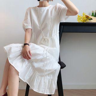 Puff-sleeve Drawstring Midi A-line Dress
