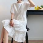 Puff-sleeve Drawstring Midi A-line Dress