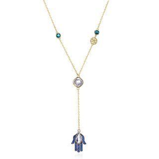 925 Sterling Silver Lucky Hand Necklace With Blue Austrian Element Crystal Golden - One Size
