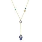 925 Sterling Silver Lucky Hand Necklace With Blue Austrian Element Crystal Golden - One Size
