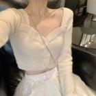 Sweetheart-neckline Cropped Cardigan / Wide Leg Pants / Feather Embroidered Midi A-line Skirt