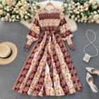 Long-sleeve Patterned Midi A-line Dress Reddish Brown & White - One Size