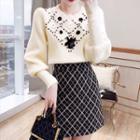 Set: Puff-sleeve Floral Sweater + Argyle Print A-line Skirt