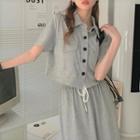 Set: Short-sleeve Button-up Top + Midi Skirt Top - Gray - One Size / Skirt - Gray - One Size