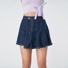 High-waist Washed Denim Pleated A-line Mini Skirt