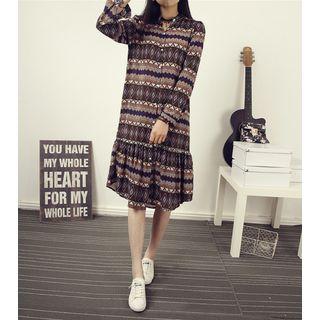 Printed Long-sleeve Midi Shirt Dress