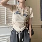 Short-sleeve Letter Embroidered Drawstring T-shirt / Wide Leg Pants