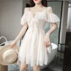 Cold-shoulder Ruffled A-line Mesh Dress