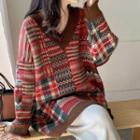 V-neck Long-sleeve Printed Knit Sweater Red - One Size