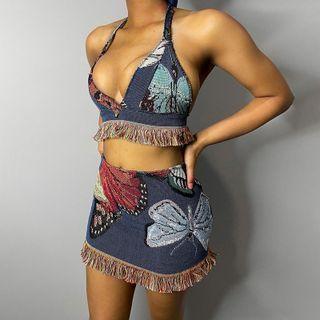 Set: Butterfly-print Halter-neck Cropped Top + High-waist A-line Mini Skirt