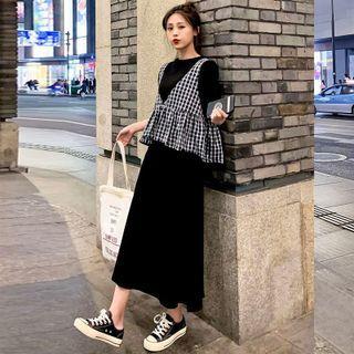 Short-sleeve Midi A-line Dress / Plaid Vest