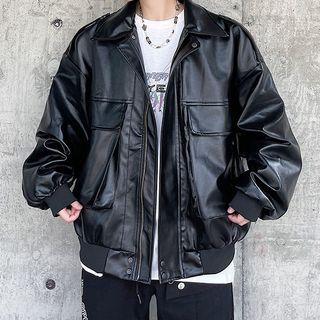 Faux Leather Zip Cargo Jacket