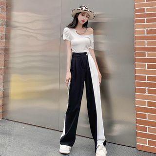 Cold-shoulder Chained T-shirt / Paneled Wide Leg Pants