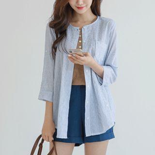 Round-neck Tab-sleeve Checked Shirt