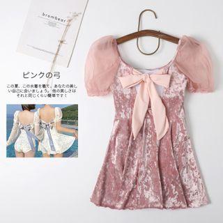 Mesh Panel Velvet Swim Dress / Swimsuit