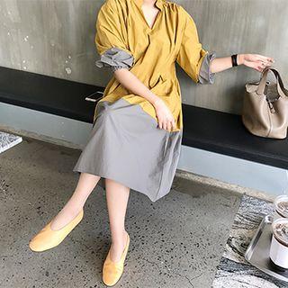Open-placket Two-tone Shift Dress