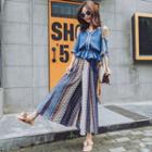 Strappy Elbow-sleeve Cutout Top / Patterned Wide Leg Pants / Set