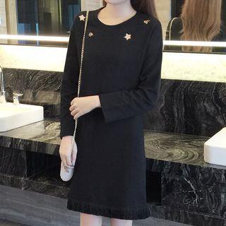Perforated Fray Long-sleeve Dress