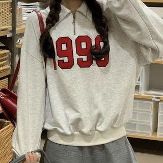 Collared Lettering Long-sleeve Sweatshirt Melange Gray - One Size