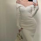 V-neck Knit Midi Sheath Dress White - One Size