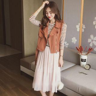 Set: Striped 3/4-sleeve T-shirt + Zip Vest + Mesh Midi Skirt