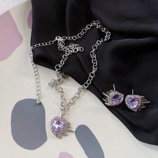 Rhinestone Heart Ear Stud / Clip On Earring / Necklace