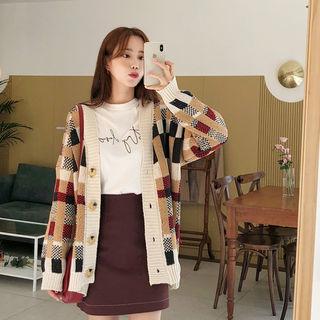V-neck Patterned Cardigan Beige - One Size