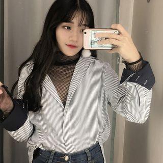 Striped Shirt / Fishnet Long Sleeve Top