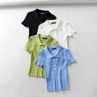 Plain Short-sleeve Knit Cropped Polo Shirt