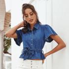 Tie Waist Short-sleeve Denim Shirt