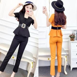 Set: Short-sleeve Top + Cropped Pants + Tube Top + Belt