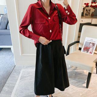 Set: Pocket Detail Shirt + Asymmetric Hem Midi A-line Skirt