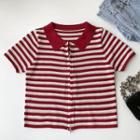 Short-sleeve Striped Zip-up Knit Top