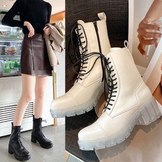 Platform Block Heel Lace Up Mid Calf Boots