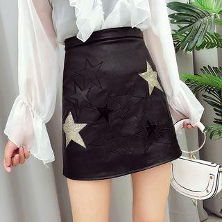 Star Patch A-line Faux Leather Skirt