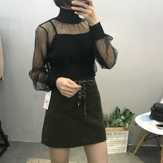 Set: Plain Camisole Top + Mock-neck Long-sleeve Mesh Top