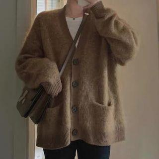 V-neck Cardigan / Cropped Straight Leg Pants / Plain T-shirt